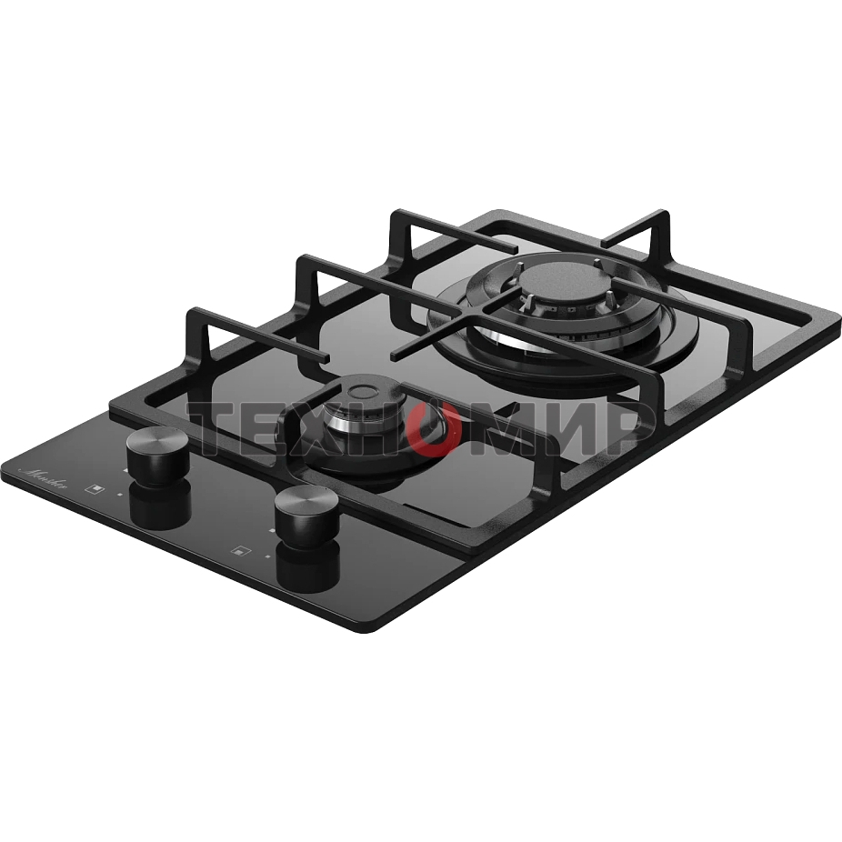 Газовая варочная панель Monsher MGG 33 NoirR, газ, High-Tech, 30 см, автоматический электроподжиг, газ-контроль, форсунки под сжиженый газ, SABAF конфорки, чугунные решетки, черный