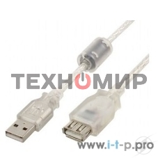 Кабель-удлинитель USB2.0 Pro Cablexpert CCF-USB2-AMAF-TR-2M, AM/AF, 2м, экран, 2феррит.кольца, прозрачный, пакет