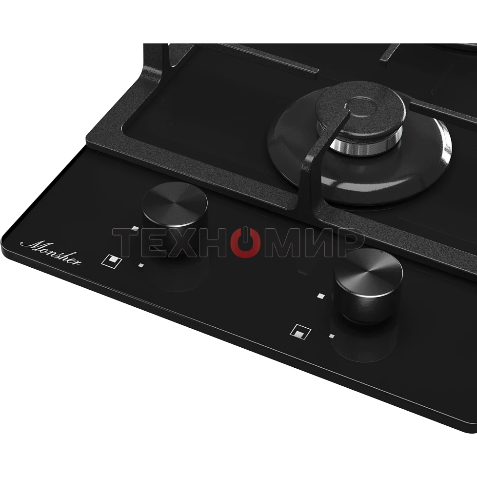 Газовая варочная панель Monsher MGG 33 NoirR, газ, High-Tech, 30 см, автоматический электроподжиг, газ-контроль, форсунки под сжиженый газ, SABAF конфорки, чугунные решетки, черный
