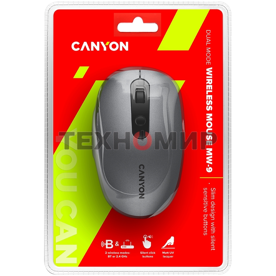 Мышь беспроводная Canyon MW-9 серый, 1600 dpi, радиоканал, Bluetooth, USB, кнопки - 6