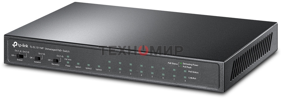 Коммутатор TP-Link 8-port 10/100Mbps Unmanaged PoE switch, 2 Gb RJ45 + 1 Gb SFP uplinks, PoE budget up to 124W