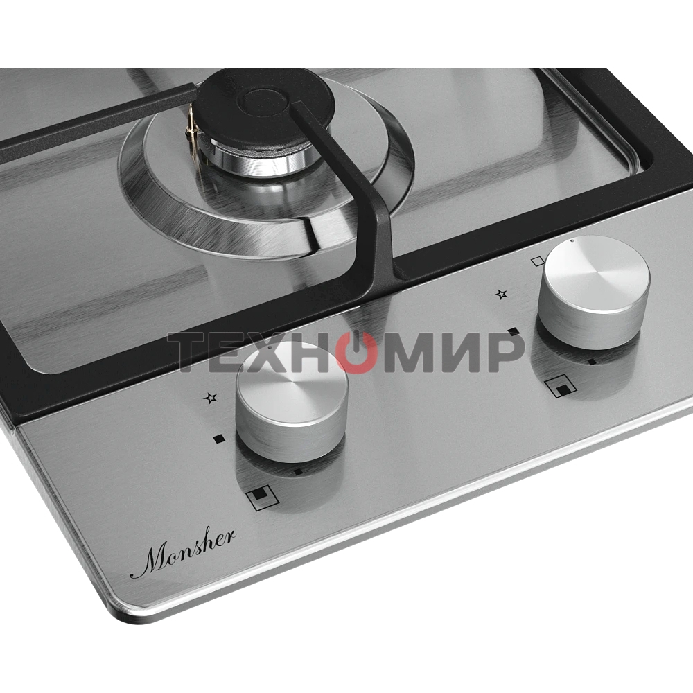 Варочная панель Monsher MSG 33 Acier, газ, High-Tech, 29 см, автоматический электроподжиг, газ-контроль, форсунки под сжиженый газ, SABAF конфорки, чугунные решетки, нержавеющая сталь