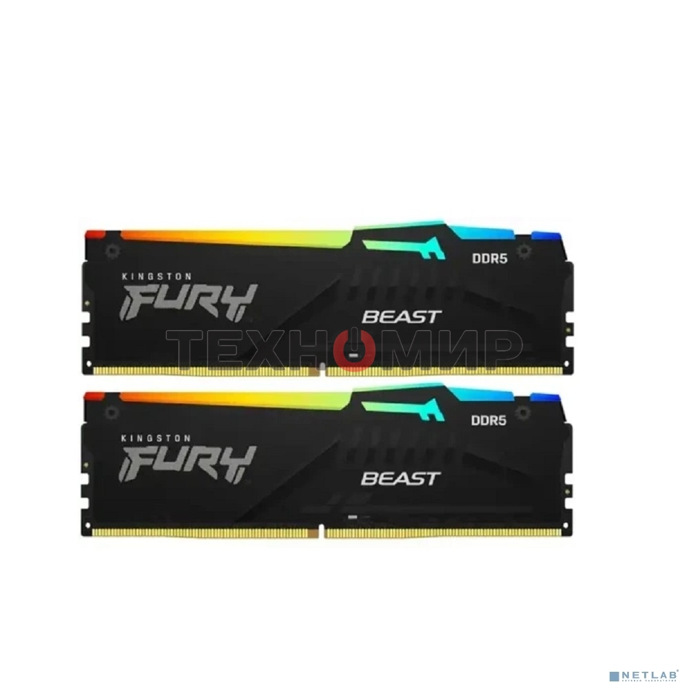 Оперативная память Kingston Fury Beast RGb, DDR5, 32Gb (2x16 Gb), 6000 MHz, CL30, радиатор, RGb, черный