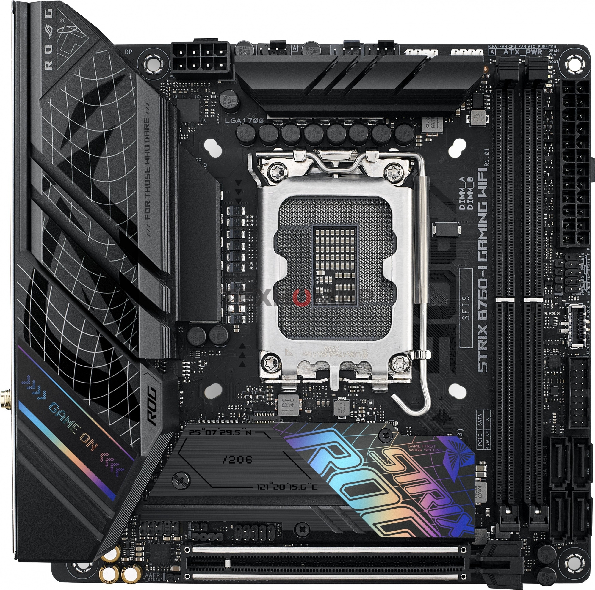 Материнская плата ASUS ROG STRIX B760-I GAMING WIFI, LGA 1700, Intel B760, 2xDDR5, 4xSATA, 2xM.2, 1xPCIe 5.0 x16, 1xHDMI, 1xDP, 1x 2.5Gb LAN, 3xUSB-A 2.0, 3xUSB-A 3.2 Gen 1, 1xUSB-C 3.2 Gen 1, 1xUSB-C 3.2 Gen 2x2, 5x3.5 мм, 7.1, Mini-ITX