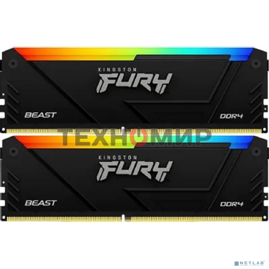 Оперативная память Kingston Fury Beast, DDR4, 32GB (2x16GB), 3200MHz, CL16, DIMM, с радиатором, RGB, черный