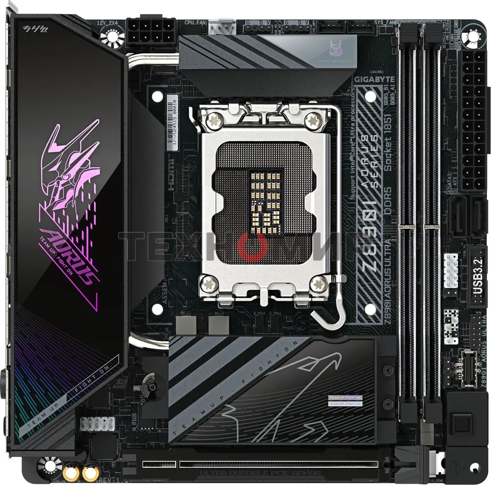 Материнская плата Gigabyte Z890I AORUS ULTRA, LGA 1851, Intel Z890, 2xDDR5, 2xSATA, 2xM.2, 1xPCIe 5.0 x16, 1xDP, 1xHDMI, 1xUSB-C, 1x Thunderbolt 4, 1x 2.5Gb LAN, 2xUSB-A 3.2 Gen 1, 3xUSB-A 3.2 Gen 2, 2x3.5 мм, TOSLINK, 7.1, 1xUSB4, Mini-ITX
