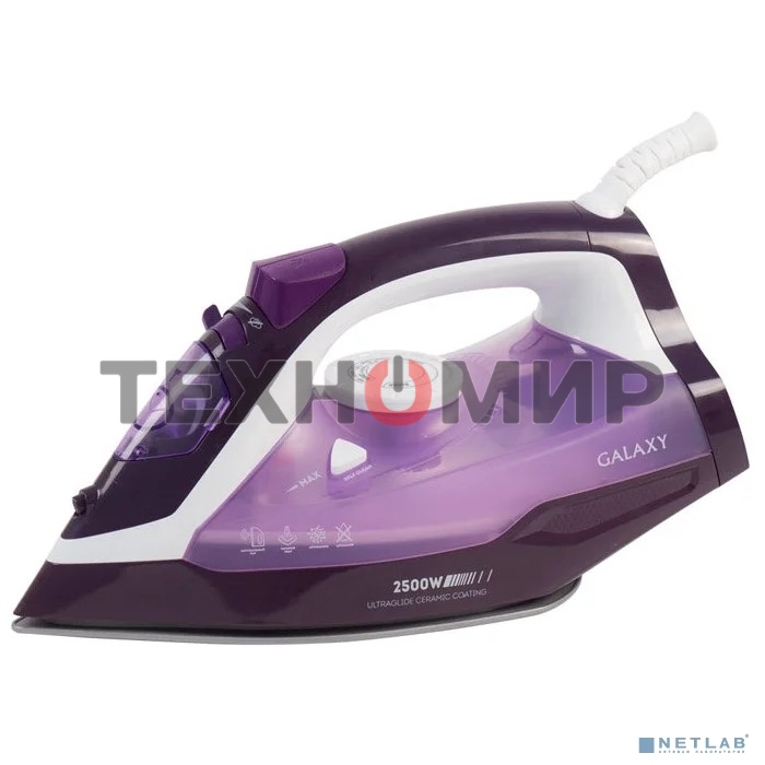 Утюг Galaxy Line GL 6124, фиолетовый с белым, паровой, 2500 Вт, постоянный пар 50 г/мин, паровой удар 230 г/мин, функции: самоочистка, антикапля, антинакипь, функция увлажнения, вертикальное отпаривание, защита от перегрева, индикатор нагрева, керамическо