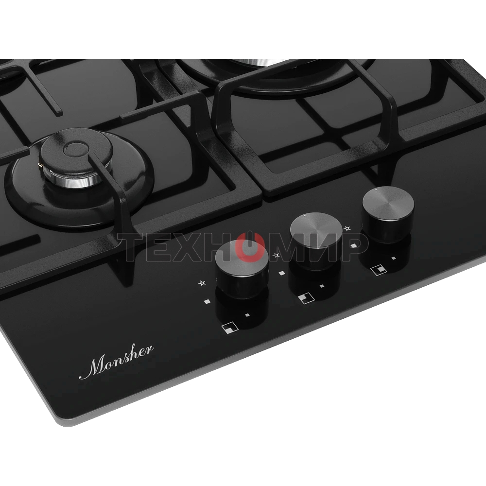 Варочная панель Monsher, газ, High-Tech, 45 см, автоматический электроподжиг, газ-контроль, форсунки под сжиженый газ, SABAF конфорки, чугунные решетки, черный