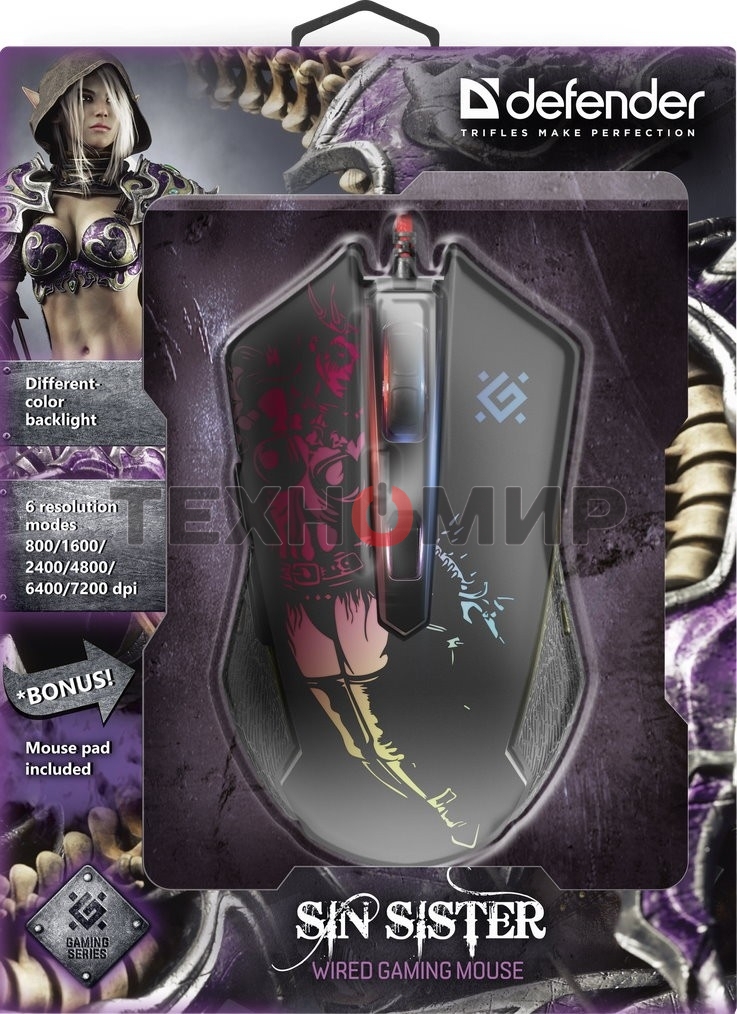 Мышь проводная Defender Sin'Sister GM-933 черный, 7200 dpi, USB, кнопки - 6