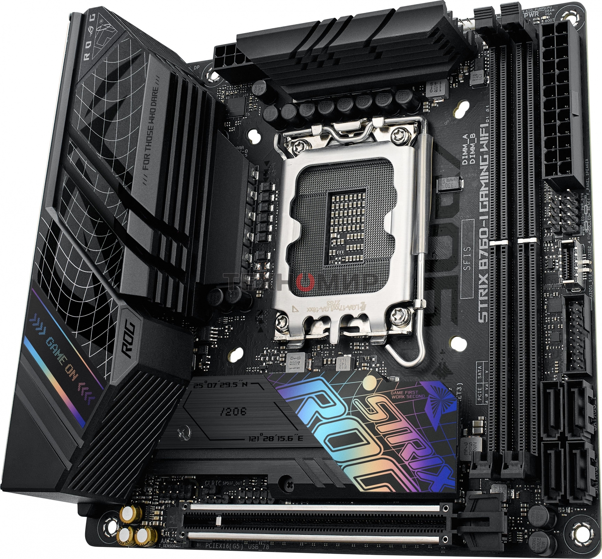 Материнская плата ASUS ROG STRIX B760-I GAMING WIFI, LGA 1700, Intel B760, 2xDDR5, 4xSATA, 2xM.2, 1xPCIe 5.0 x16, 1xHDMI, 1xDP, 1x 2.5Gb LAN, 3xUSB-A 2.0, 3xUSB-A 3.2 Gen 1, 1xUSB-C 3.2 Gen 1, 1xUSB-C 3.2 Gen 2x2, 5x3.5 мм, 7.1, Mini-ITX