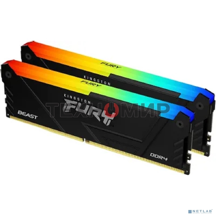 Оперативная память Kingston Fury Beast, DDR4, 32GB (2x16GB), 3200MHz, CL16, DIMM, с радиатором, RGB, черный