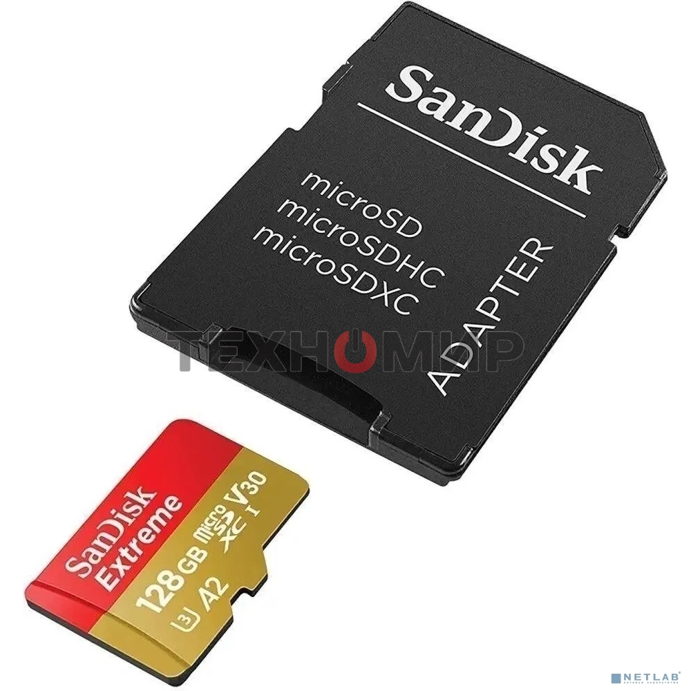 Флеш карта microSDXC 128GB SanDisk EXTREME Class 10, UHS-I, W90, R 190 МБ/с, SDSQXAA-128G-GN6MA адаптер на SD
