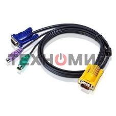 Шнур, мон+клав+мышь PS/2, SPHD15=>HD DB15+2x6MINI-DIN ATEN (2L-5202P) Male-3xMale, 8+6+6 проводов, опрессованный, 1.8 метр., черный