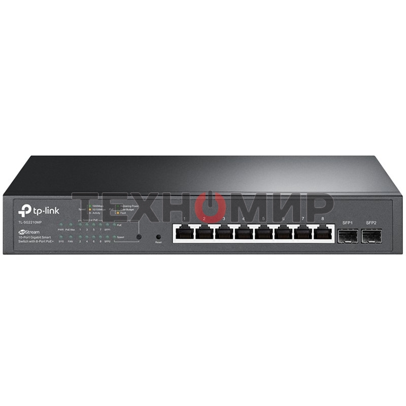Коммутатор TP-Link JetStream 10-Port Gigabit Smart Switch with 8-Port PoE+, 8× Gigabit PoE+ Ports, 2× Gigabit SFP Slots, 802.3at/af, 150 W PoE Power, 1U 13-inch Rack-mountable Steel CaseIntegration with Omada SDN Controller, 802.1Q VLAN, STP/RSTP/MSTP, IG