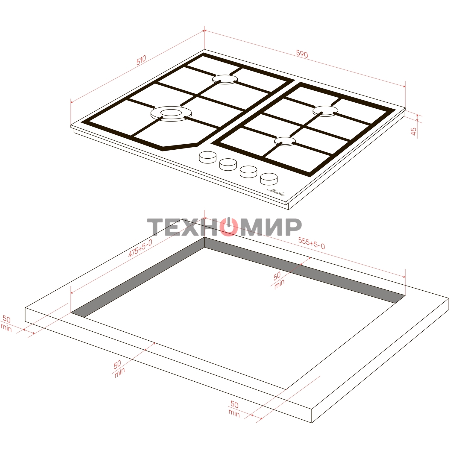 Варочная панель MONSHER MGG 63 Blanc, газ, High-Tech, 59 см, автоматический электроподжиг, газ-контроль, форсунки под сжиженый газ, SABAF конфорки, чугунные решетки, белый