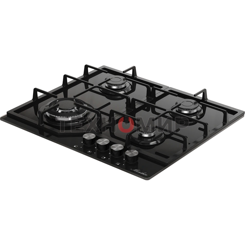 Варочная поверхность MONSHER/ Варочная поверхность MONSHER, газ, High-Tech, 59 см, автоматический электроподжиг, газ-контроль, форсунки под сжиженый газ, SABAF конфорки, чугунные решетки, черный