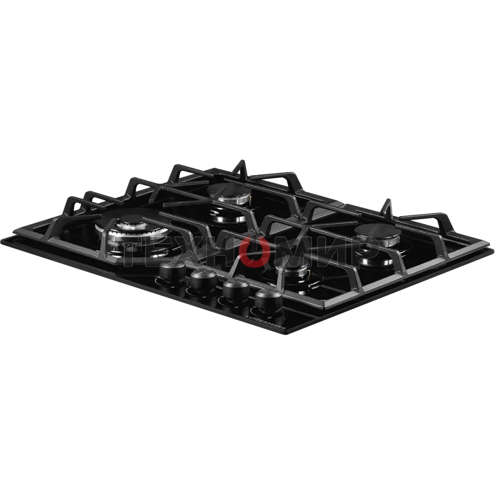 Газовая варочная панель Kuppersberg FG 62 B Газовая варочная панель, закаленное стекло, ширина 60 см, 4 газовые конфорки, WOK конфорка(3,8 кВт), автоподжиг, газ-контроль, чугунные решетки, черный