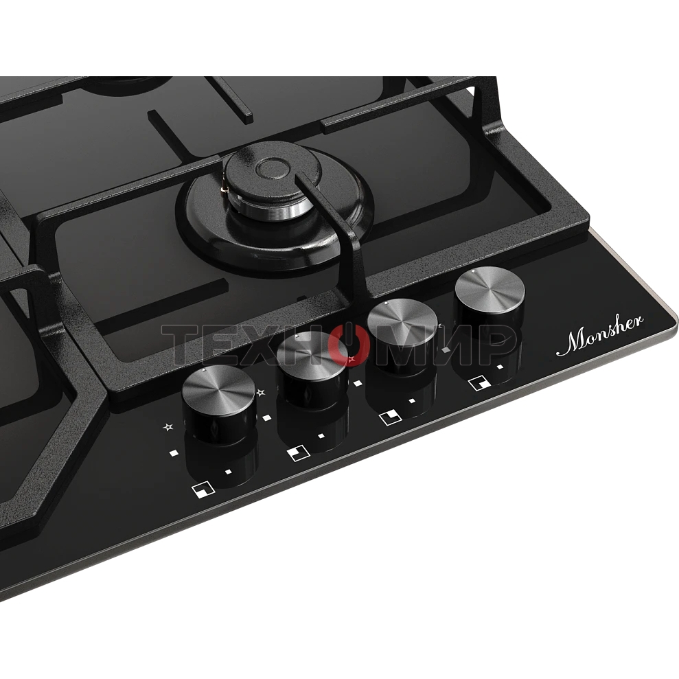 Варочная поверхность MONSHER/ Варочная поверхность MONSHER, газ, High-Tech, 59 см, автоматический электроподжиг, газ-контроль, форсунки под сжиженый газ, SABAF конфорки, чугунные решетки, черный