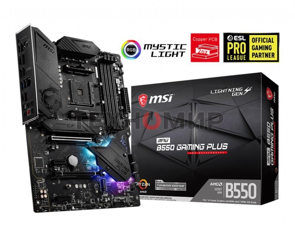 Материнская плата MSI MPG B550 GAMING PLUS, AM4, AMD B550, 4xDDR4, 6xSATA, 2xM.2, 1xPCI-E 4.0 x16, 1xPCI-E 3.0 x4, 2xPCI-E x1, 1xHDMI, 1xDP, 1x 1Gb LAN, 4xUSB-A 2.0, 2xUSB-A 3.2 Gen 1, 1xUSB-A 3.2 Gen 2, 1xUSB-C 3.2 Gen 2, 5x3.5 мм, 7.1, ATX