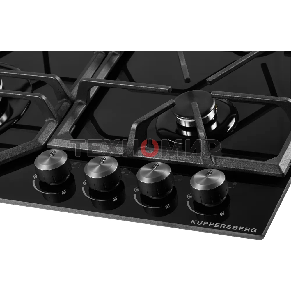 Газовая варочная панель Kuppersberg FG 62 B Газовая варочная панель, закаленное стекло, ширина 60 см, 4 газовые конфорки, WOK конфорка(3,8 кВт), автоподжиг, газ-контроль, чугунные решетки, черный