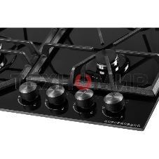 Газовая варочная панель Kuppersberg FG 62 B Газовая варочная панель, закаленное стекло, ширина 60 см, 4 газовые конфорки, WOK конфорка(3,8 кВт), автоподжиг, газ-контроль, чугунные решетки, черный