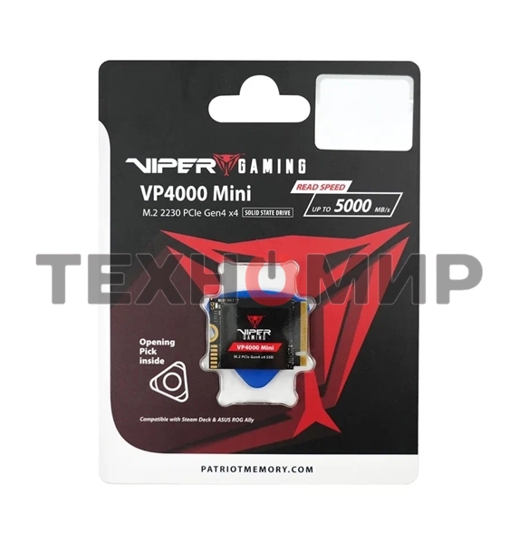 Накопитель SSD Patriot Viper VP4000, 2Tb, PCIe 4.0 x16, M.2 2230, NVMe, R/W 3200/3500, с радиатором