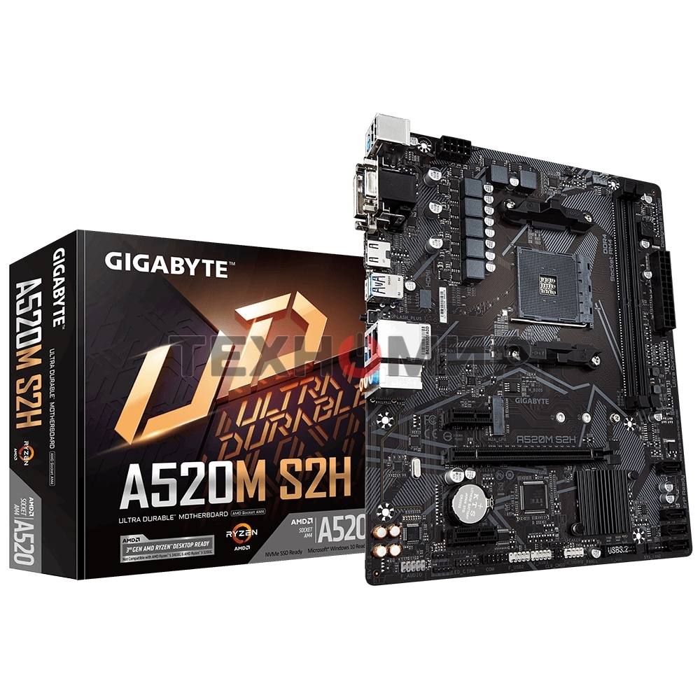 Материнская плата Gigabyte A520M S2H, AM4, AMD A520, 2xDDR4, 4xSATA, 1xM.2, 1xPCIe 3.0 x16, 2xPCIe x1, 1xHDMI, 1xDVI-D, 1xVGA, 1x 1Gb LAN, 4xUSB-A 3.2 Gen 1, 2xUSB-A 2.0, 3x3.5 мм, 7.1, mATX