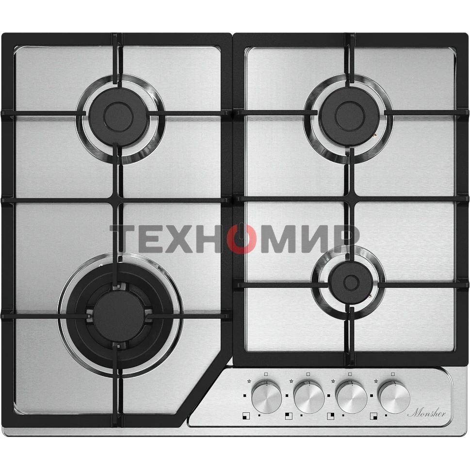 Варочная поверхность MONSHER MSG 63 Acier, газ, High-Tech, 58 см, автоматический электроподжиг, газ-контроль, форсунки под сжиженый газ, SABAF конфорки, чугунные решетки, нержавеющая сталь