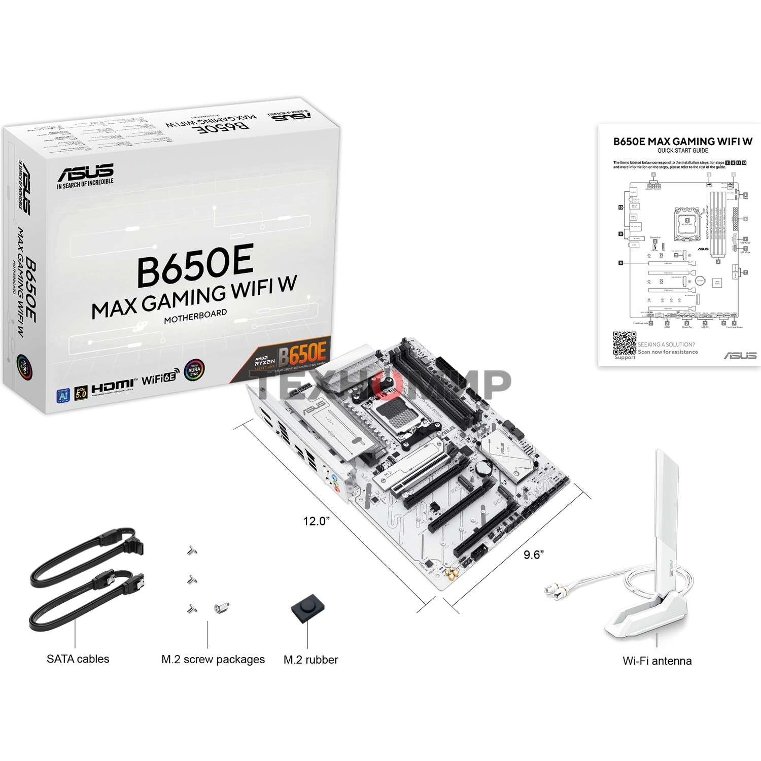 Материнская плата ASUS B650E MAX GAMING WIFI W, AM5, AMD B650, 4xDDR5, 4xSATA, 3xM.2, 1xPCIe 5.0 x16, 1xPCIe 4.0 x4, 2xPCIe 3.0 x1, 1xDP, 1xHDMI, 1x2.5Gb LAN, Wi-Fi 6E, Bluetooth 5.3, 1xUSB-C 10Gbps, 3xUSB-A 10Gbps, 2xUSB-A 5Gbps, 2xUSB-A 2.0, 3x3.5 мм, 7