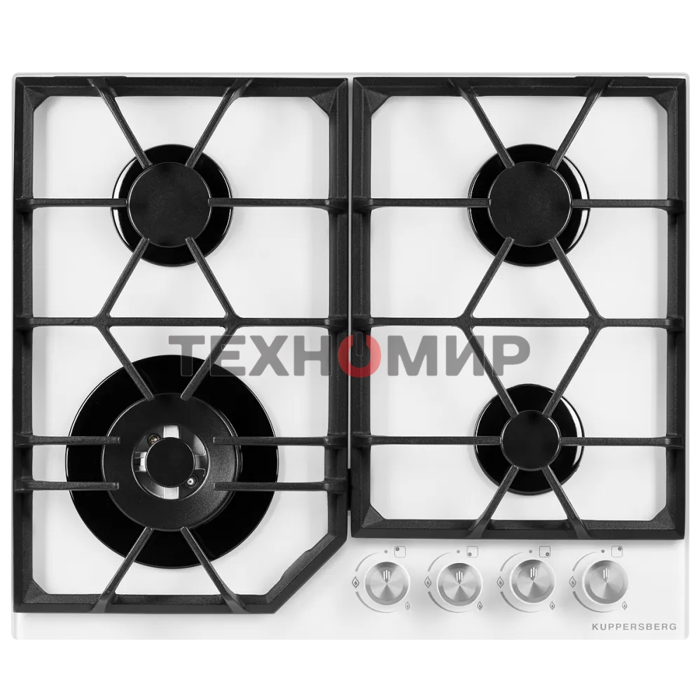 Газовая варочная панель Kuppersberg FG 62 W Газовая варочная панель, закаленное стекло, ширина 60 см, 4 газовые конфорки, WOK конфорка(3,8 кВт), автоподжиг, газ-контроль, чугунные решетки, белый