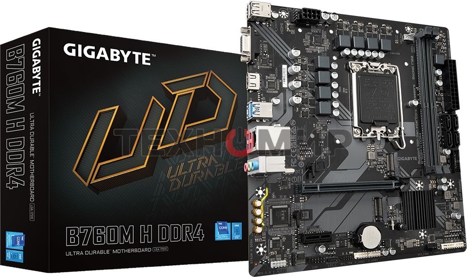 Материнская плата Gigabyte B760M H DDR4, LGA 1700, Intel B760, 2xDDR4, 4xSATA, 2xM.2, 1xPCIe 4.0 x16, 1xPCIe x1, 1xHDMI, 1xVGA, 1x 1Gb LAN, 2xUSB 2.0, 4xUSB 3.2 Gen 1, 3x3.5 мм, 7.1, Micro ATX