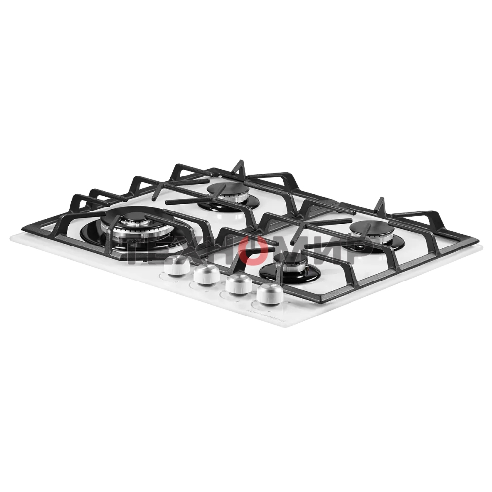 Газовая варочная панель Kuppersberg FG 62 W Газовая варочная панель, закаленное стекло, ширина 60 см, 4 газовые конфорки, WOK конфорка(3,8 кВт), автоподжиг, газ-контроль, чугунные решетки, белый