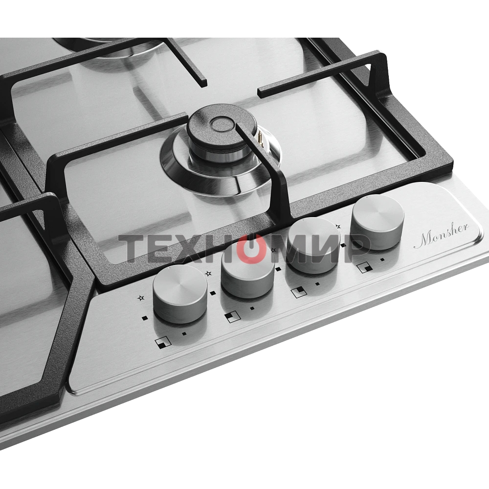 Варочная поверхность MONSHER MSG 63 Acier, газ, High-Tech, 58 см, автоматический электроподжиг, газ-контроль, форсунки под сжиженый газ, SABAF конфорки, чугунные решетки, нержавеющая сталь