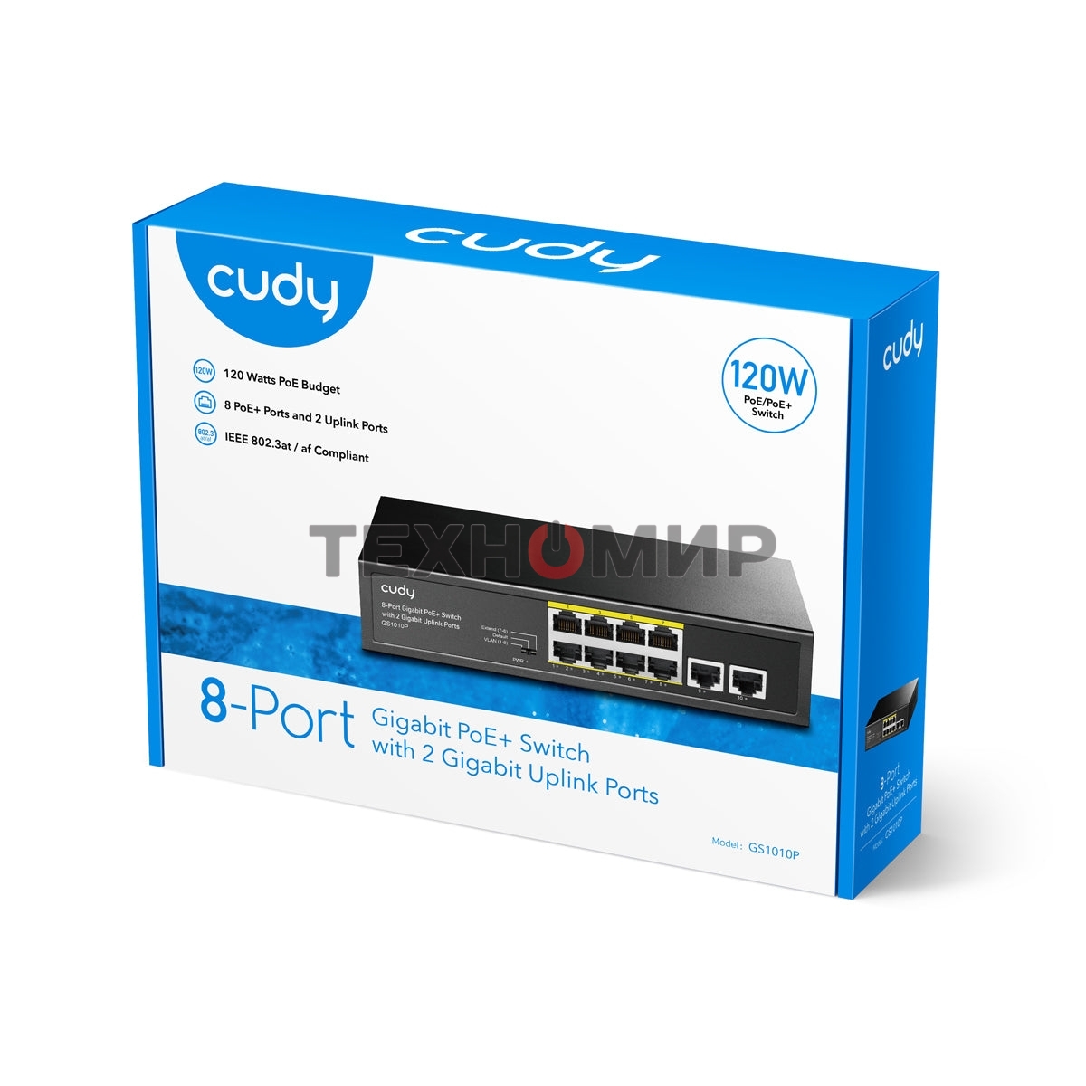 Коммутатор Cudy 8 RJ-45 10/100/1000M PSE ports +2 RJ45 10/100/1000 Uplink Port Unmanaged PoE+ Switch 120W, CCTV/VLAN mode support, long distance:250M at CCTV mode. 802.3af/at standard, Aternative 1/2(+),3/6(-), Rack-mountable Steel Case, Watchdog, 120W in