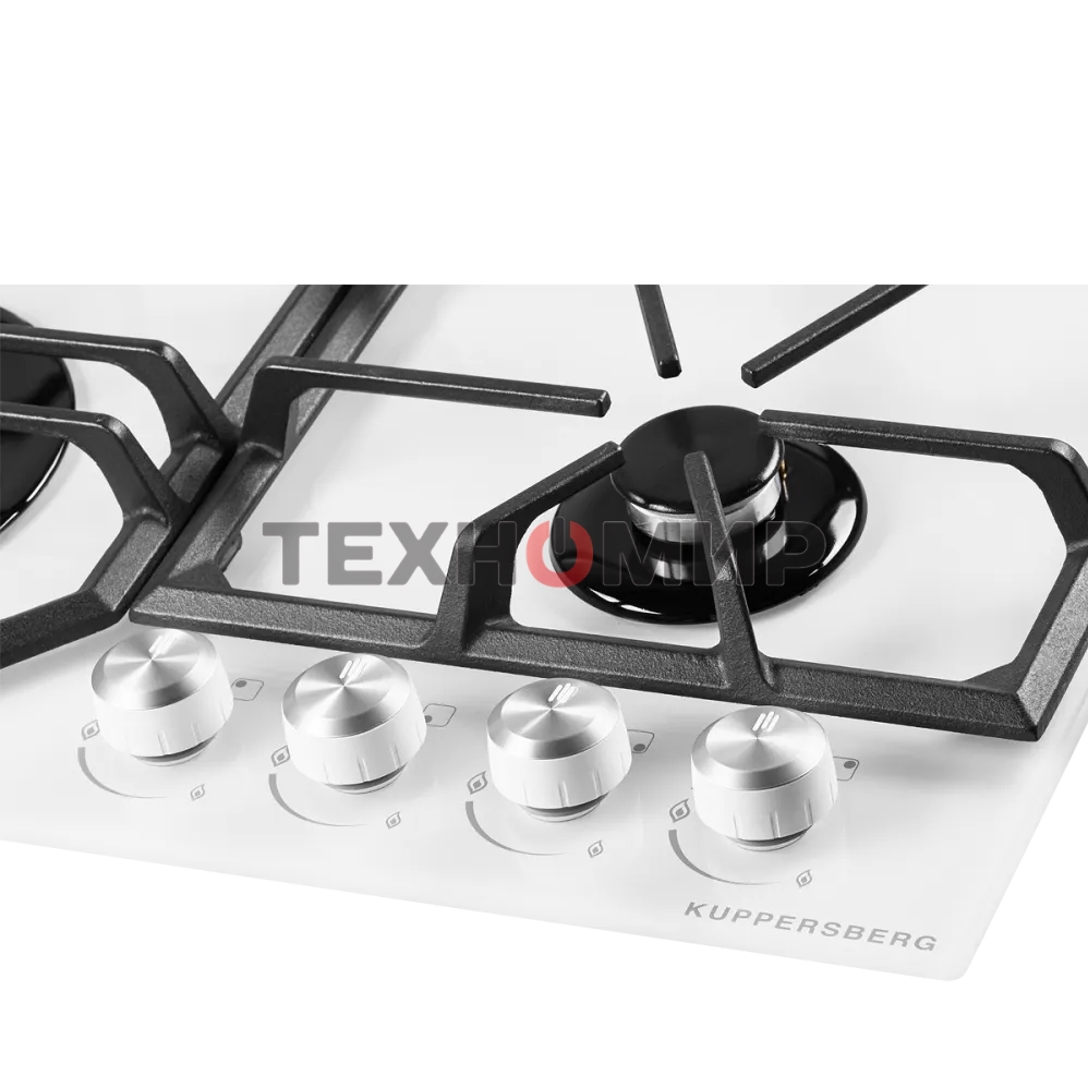 Газовая варочная панель Kuppersberg FG 62 W Газовая варочная панель, закаленное стекло, ширина 60 см, 4 газовые конфорки, WOK конфорка(3,8 кВт), автоподжиг, газ-контроль, чугунные решетки, белый