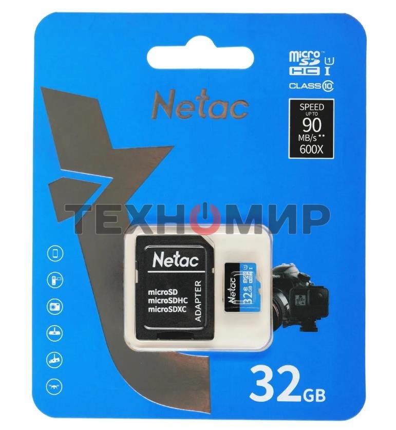 Флеш карта microSDHC 32Gb Netac P500 NT02P500STN-032G-R (с SD адаптером) 80Mb/s