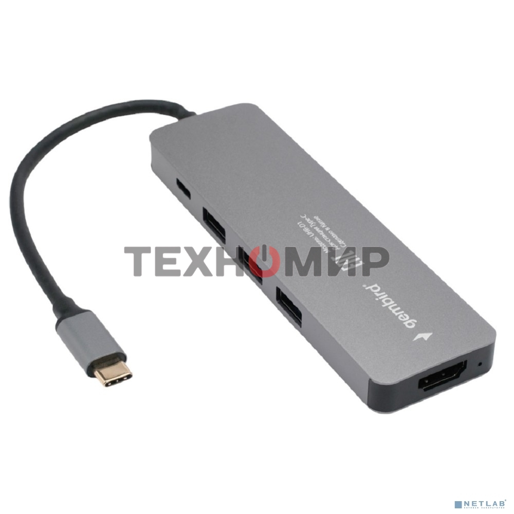 Концентратор USB Type-C Gembird UHB-D1, 5в1: 3хUSB3.1, Type-C PD100W, HDMI, кабель 17см, алюминий