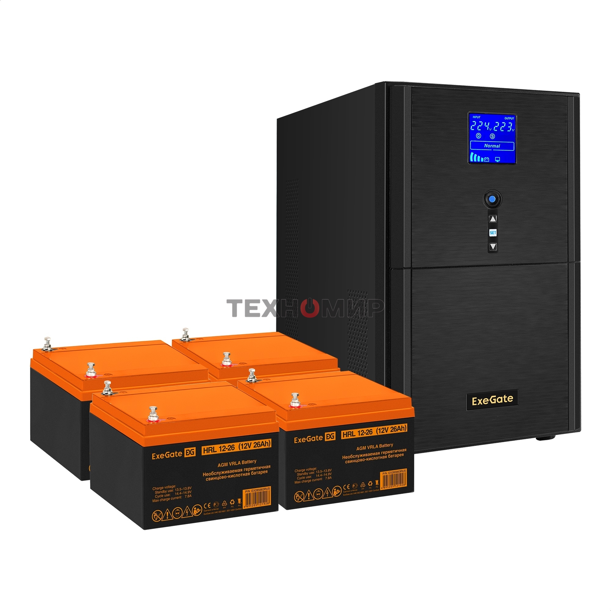 Комплект источника бесперебойного питания Exegate EX295991RUS + батарея 26Aч EX285663RUS 4шт (инвертор, синус, для котла) ExeGate SineTower SZ-5000.LCD.AVR.2SH.1C13.T.RJ.USB <5000VA/4000W, чистый синусоида, LCD дисплей, AVR, 2хSchuko+1хC13+клеммы, RJ45/11