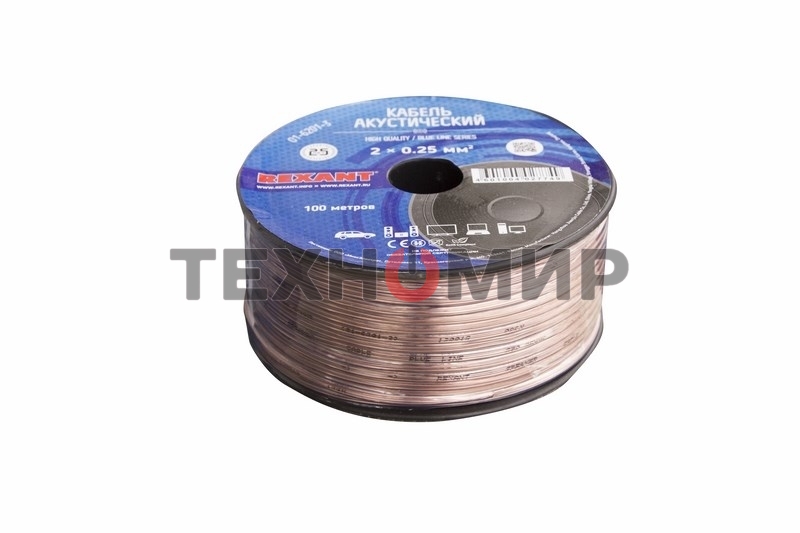 Кабель акустический Rexant 2х0,25 м м², прозрачный BLUELINE, бухта 100 м