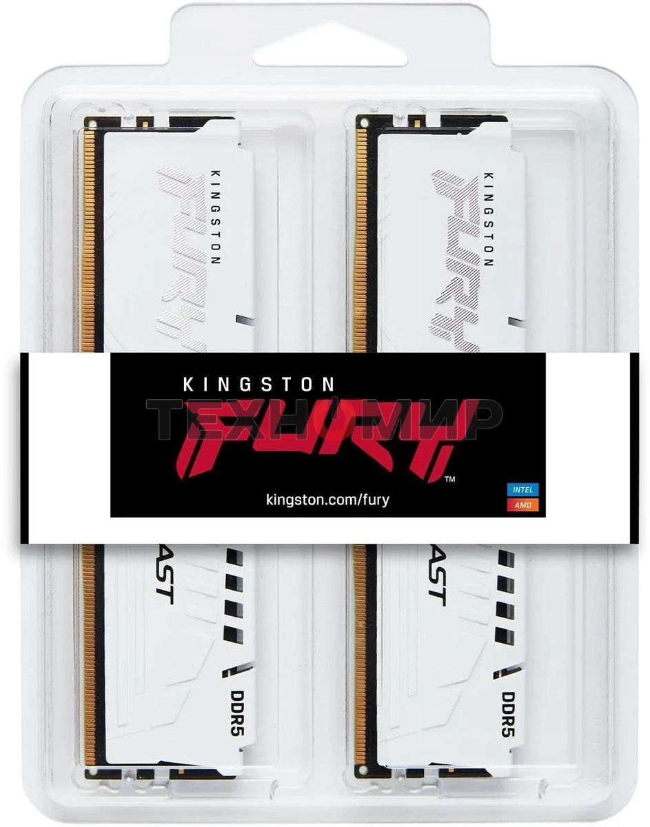 Оперативная память Kingston Fury Beast, DDR5, 64Gb (2x32GB), 5200MHz, CL40, DIMM, с радиаторами, белый