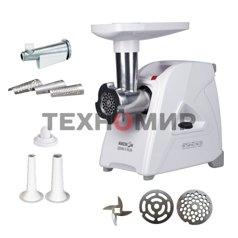 Мясорубка электрическая Аксион М35.04 белый, 1500 Вт, 1.7 кг/мин, реверс, защита от перегрузки, насадки - 4