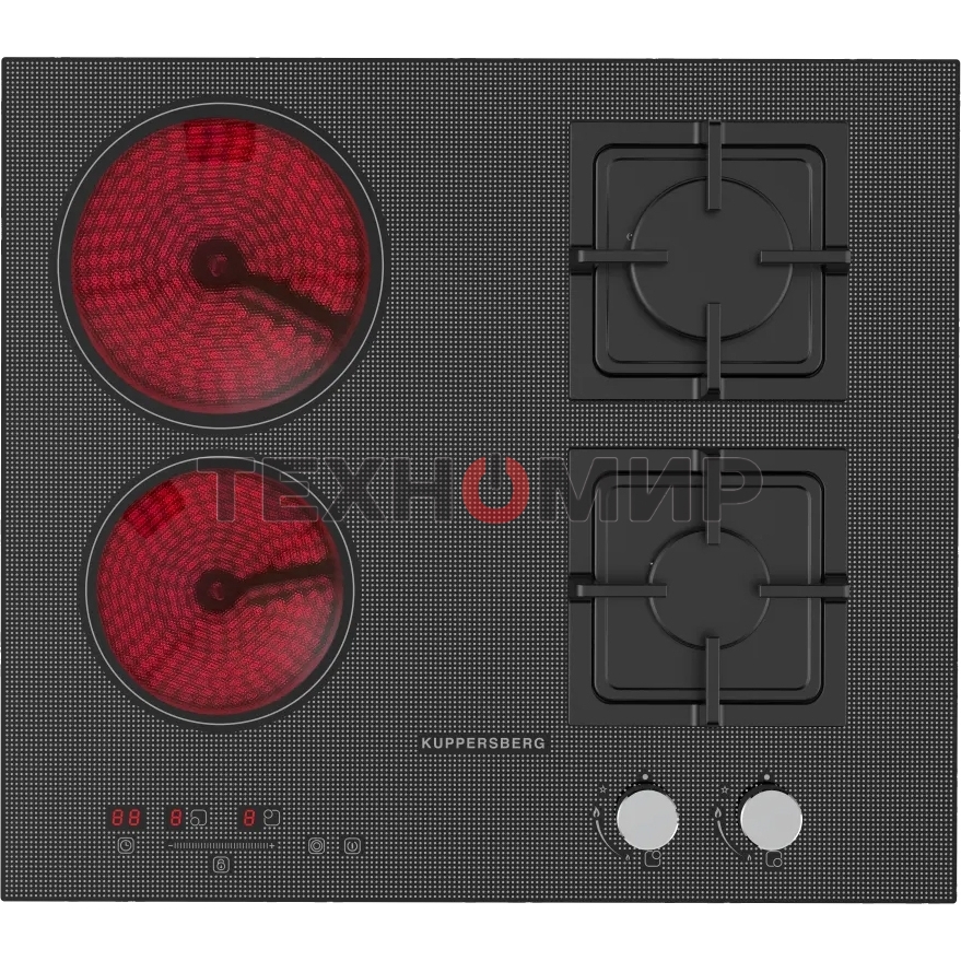 Комбинированная варочная панель Kuppersberg EGS 600 Газоэлектрическая независимая варочная поверхность, стеклокерамика KANGER, ширина 60 см, Тип нагрева HI-Light/Газ, Слайдер/механическое управление, 3 цифровых дисплев, 9 уровней мощности, Блокировка пане