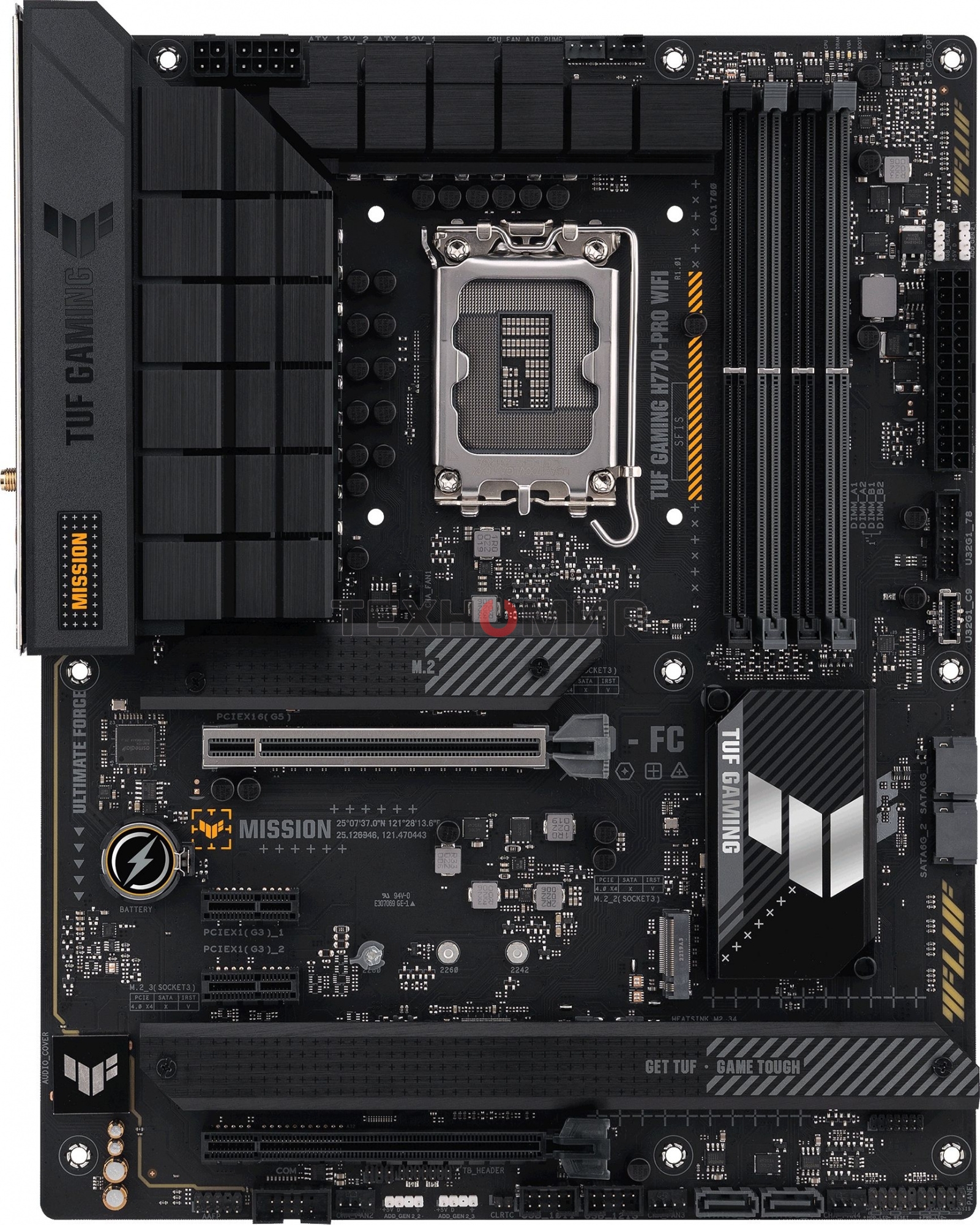 Материнская плата ASUS TUF GAMING H770-PRO WIFI, LGA 1700, Intel H770, 4xDDR5, 4xSATA, 4xM.2, 1xPCIe 5.0 x16, 1xPCIe 4.0 x4, 2xUSB-A 3.2 Gen 2, 4xUSB-A 3.2 Gen 1, 1xUSB-C 3.2 Gen 2x2, 1x2.5Gb LAN, 5x3.5 мм, 7.1, Standard-ATX
