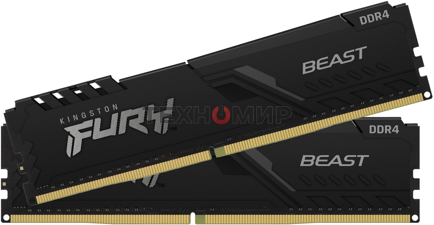Оперативная память Kingston Fury Beast, DDR4, 16GB (2x8GB), 3200MHz, CL16, DIMM, с радиатором, черный