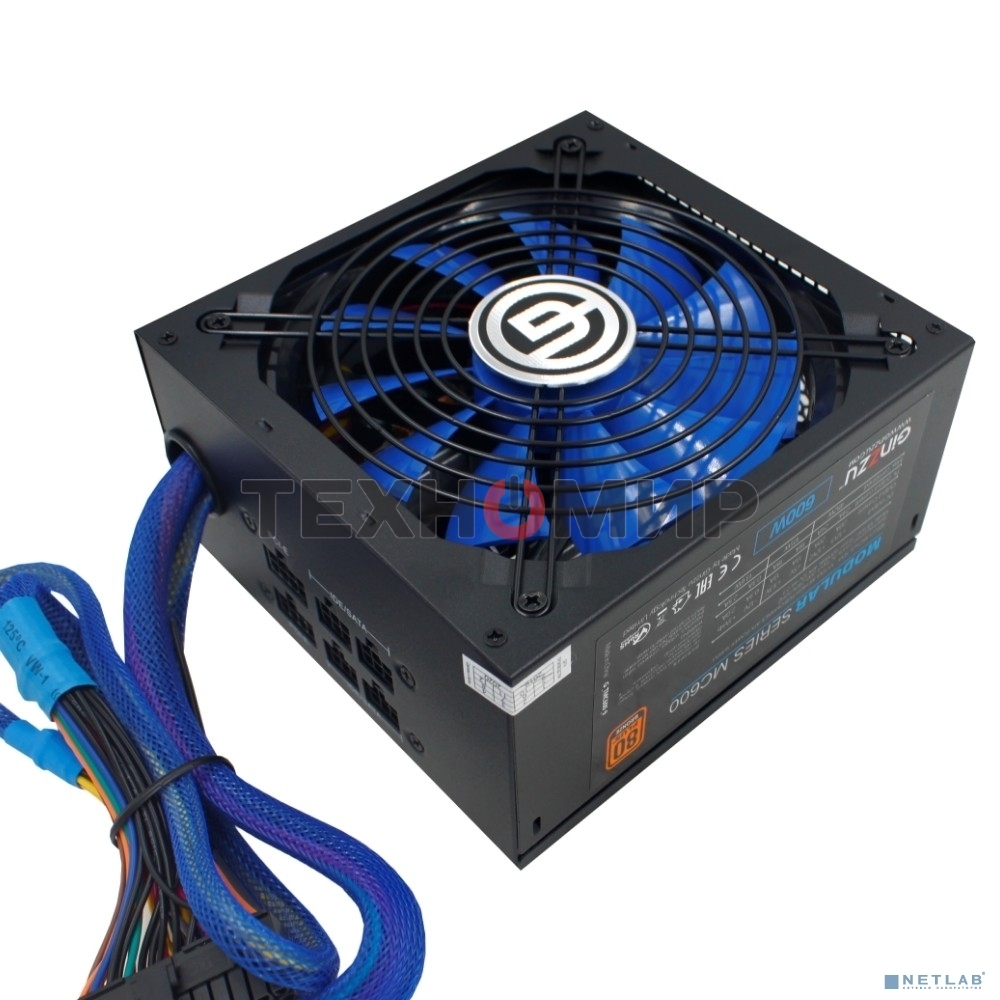 Блок питания Ginzzu MC600, 600Вт, 80 PLUS Bronze, 140мм, модульный, черный