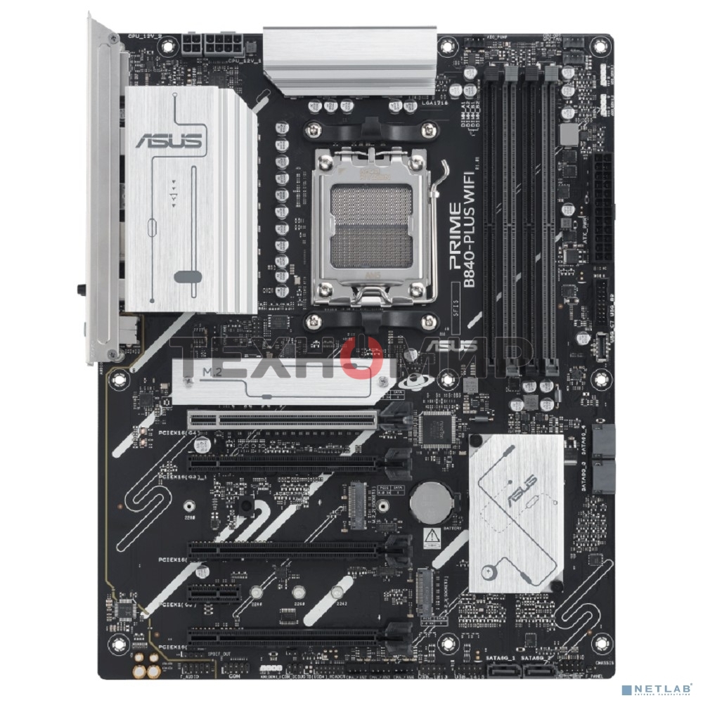 Материнская плата ASUS PRIME B840-PLUS WIFI, AM5, AMD B840, 4xDDR5, 4xSATA, 3xM.2, 1xPCIe 4.0 x16, 1xPCIe 3.0 x16, 2xPCIe 3.0 x16, 1xPCIe 3.0 x1, 1xDP, 1xHDMI, 1x 2.5Gb LAN, 8xUSB-A, 3x3.5 мм, 7.1, ATX