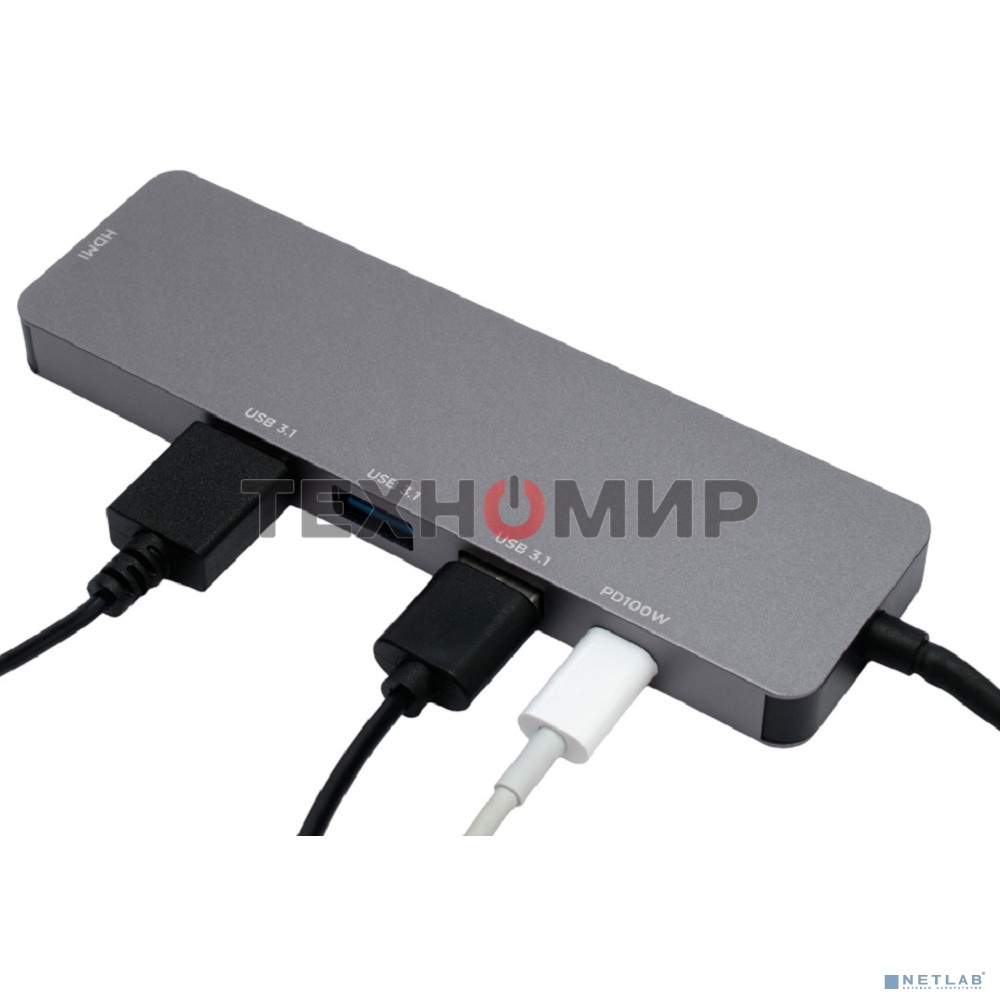Концентратор USB Type-C Gembird UHB-D1, 5в1: 3хUSB3.1, Type-C PD100W, HDMI, кабель 17см, алюминий