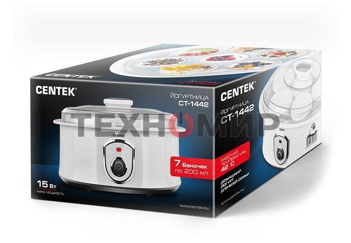 Йогуртница Centek CT-1442 15 Вт, 200 мл, емкостей - 7 шт, материал баночек - стекло, белый