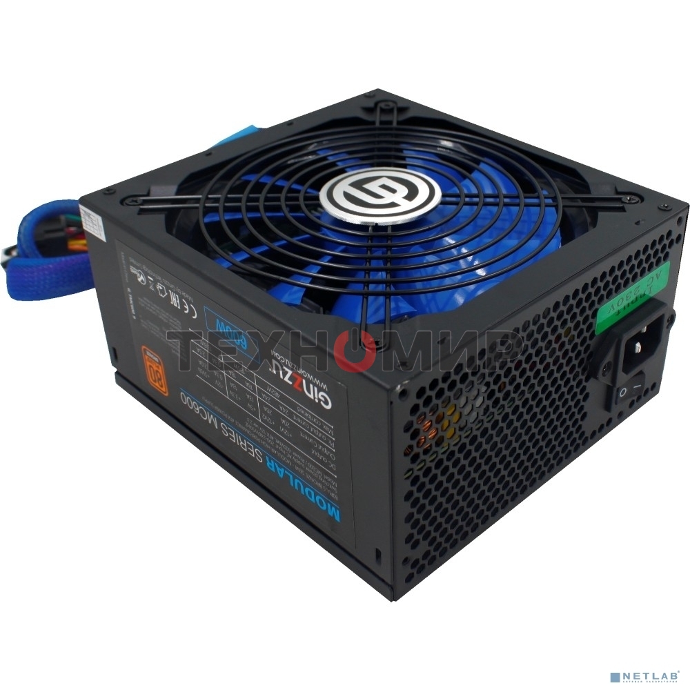 Блок питания Ginzzu MC600, 600Вт, 80 PLUS Bronze, 140мм, модульный, черный