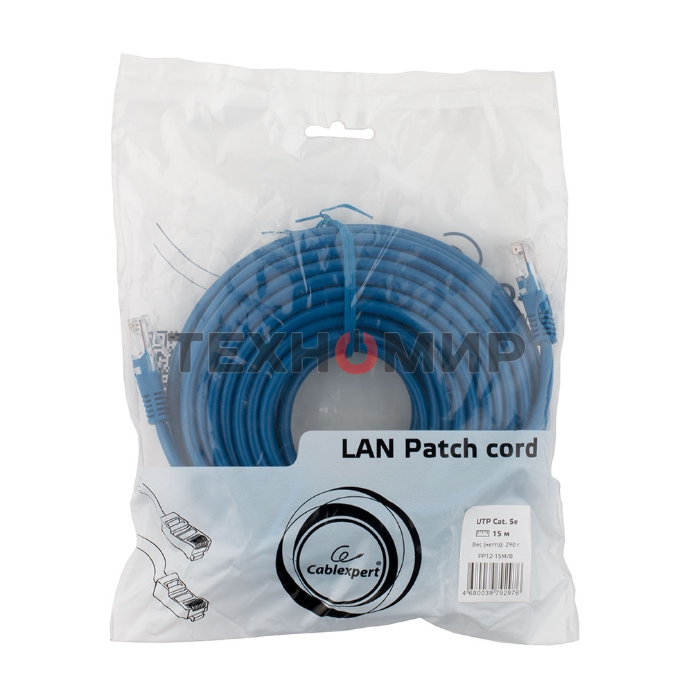 Патч-корд UTP Cablexpert PP12-15M/B cat.5e, 15м, литой, многожильный, синий